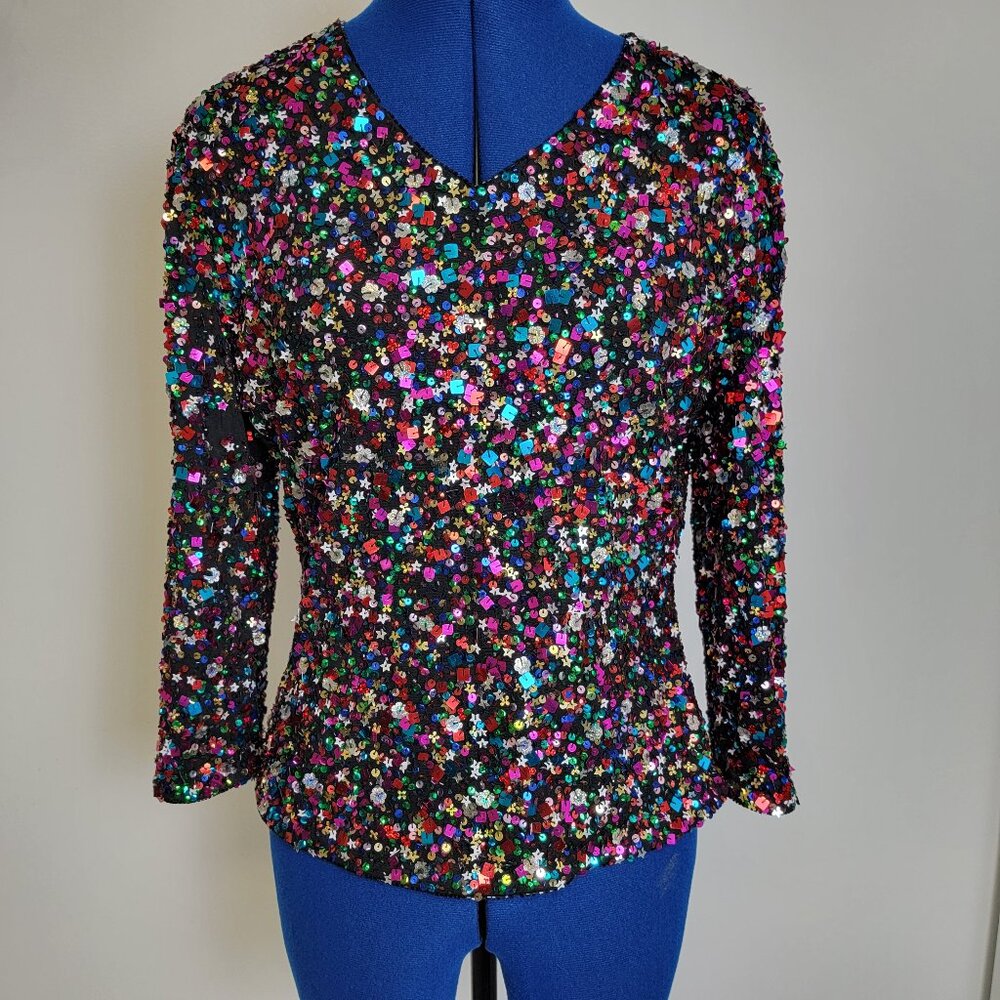 NWT Classic Creations Womens Lined 3/4 Sleeve V-Neck Sequin Blouse L